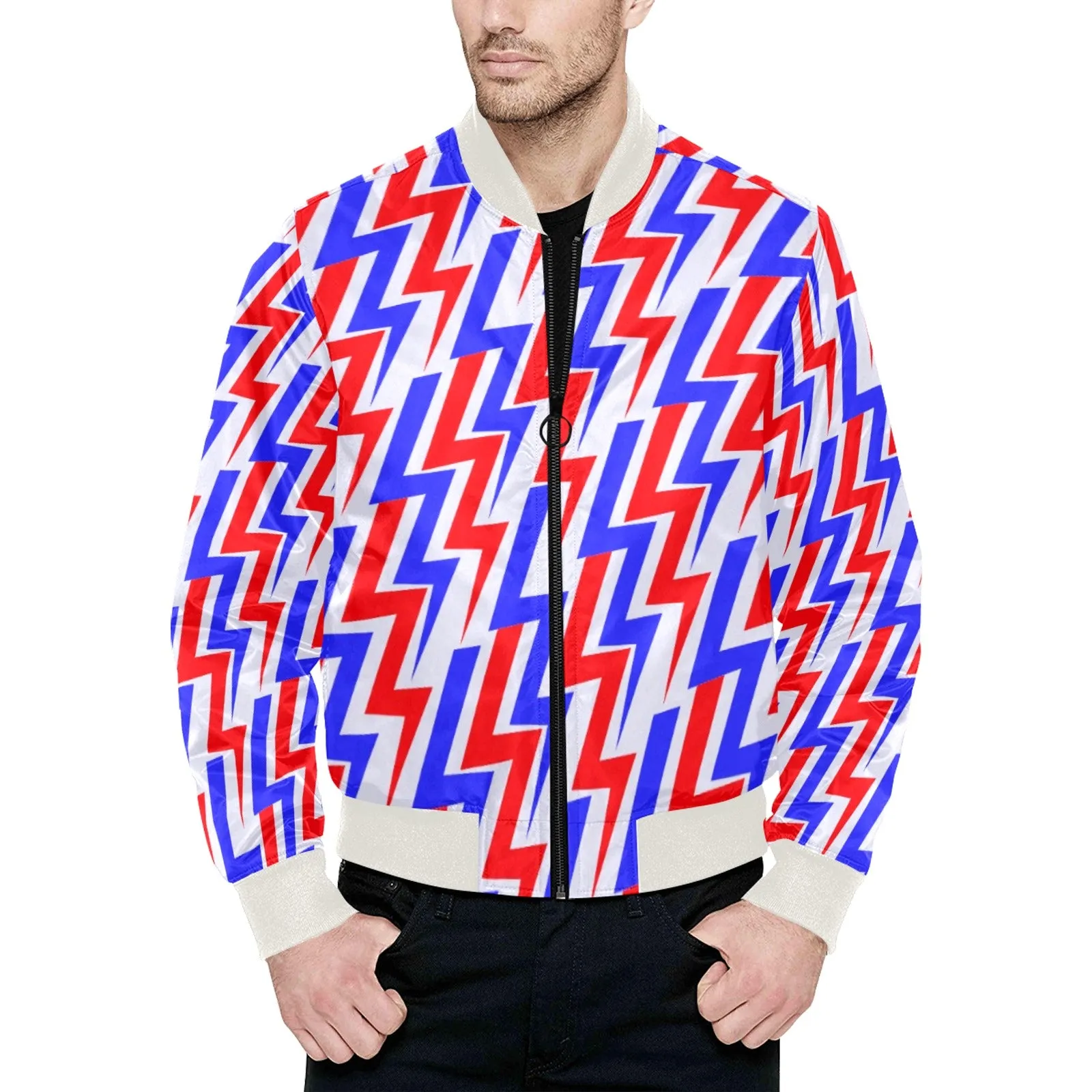 Electric Thunderbolt Pattern Quilted Bomber Jacket (White)
