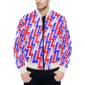 Electric Thunderbolt Pattern Quilted Bomber Jacket (White)