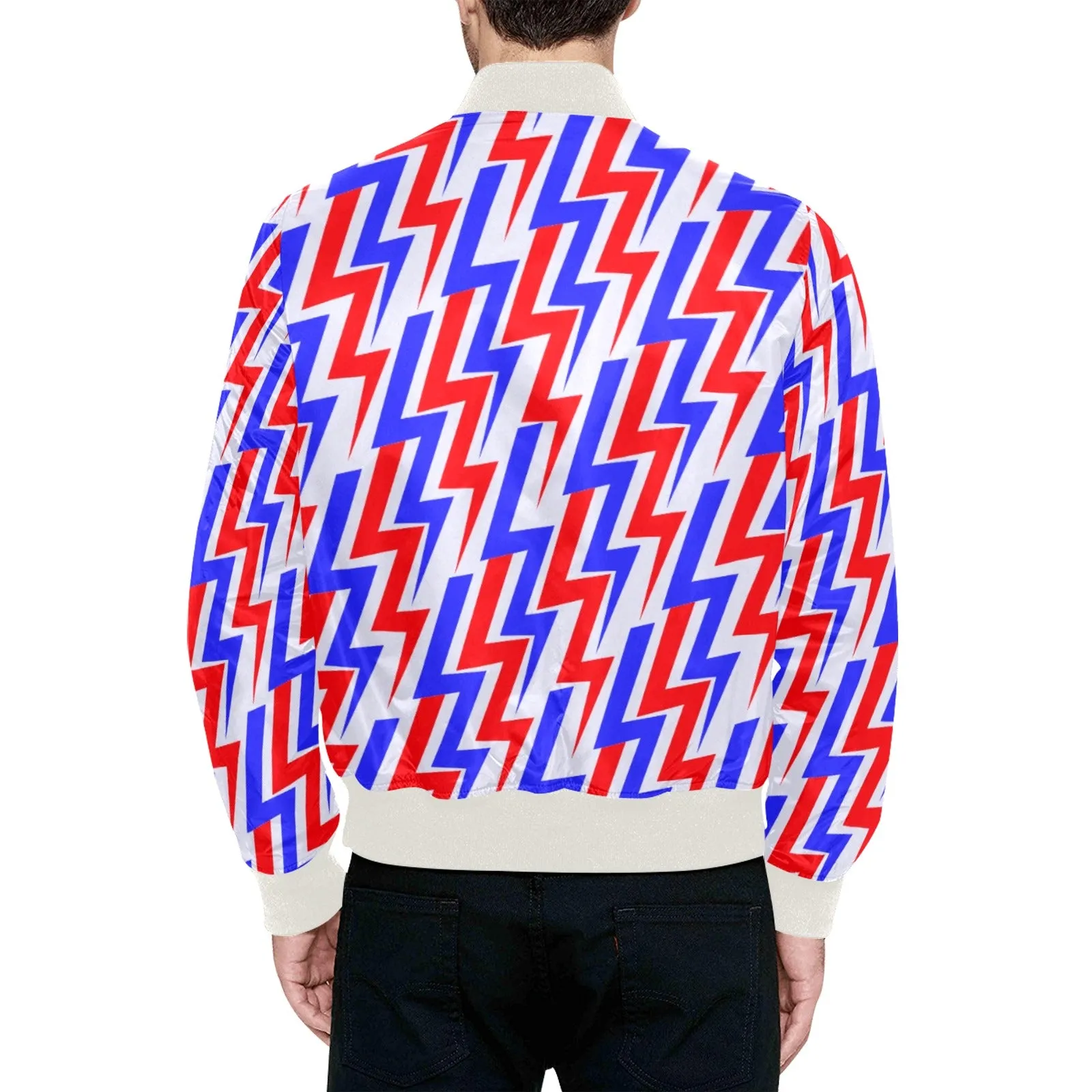 Electric Thunderbolt Pattern Quilted Bomber Jacket (White)