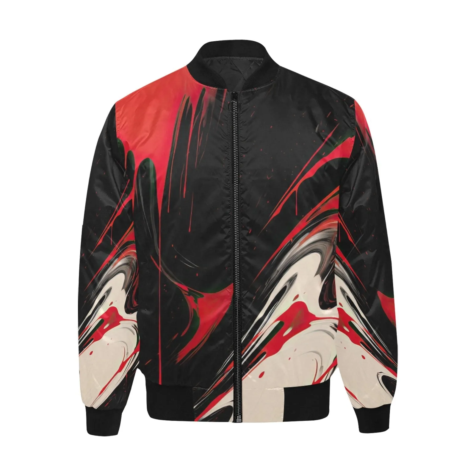 Red & White Abstract Quilted Bomber Jacket