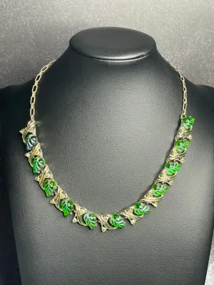 Vintage Green Jelly Carved Leaf and Rhinestone Gold Tone Necklace