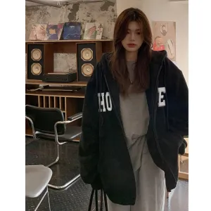Zip-up Letter Loose Casual Women's Hoodies Spell Color Vintage Winter New O-neck Female Sweatshirts Basic Office Ladies